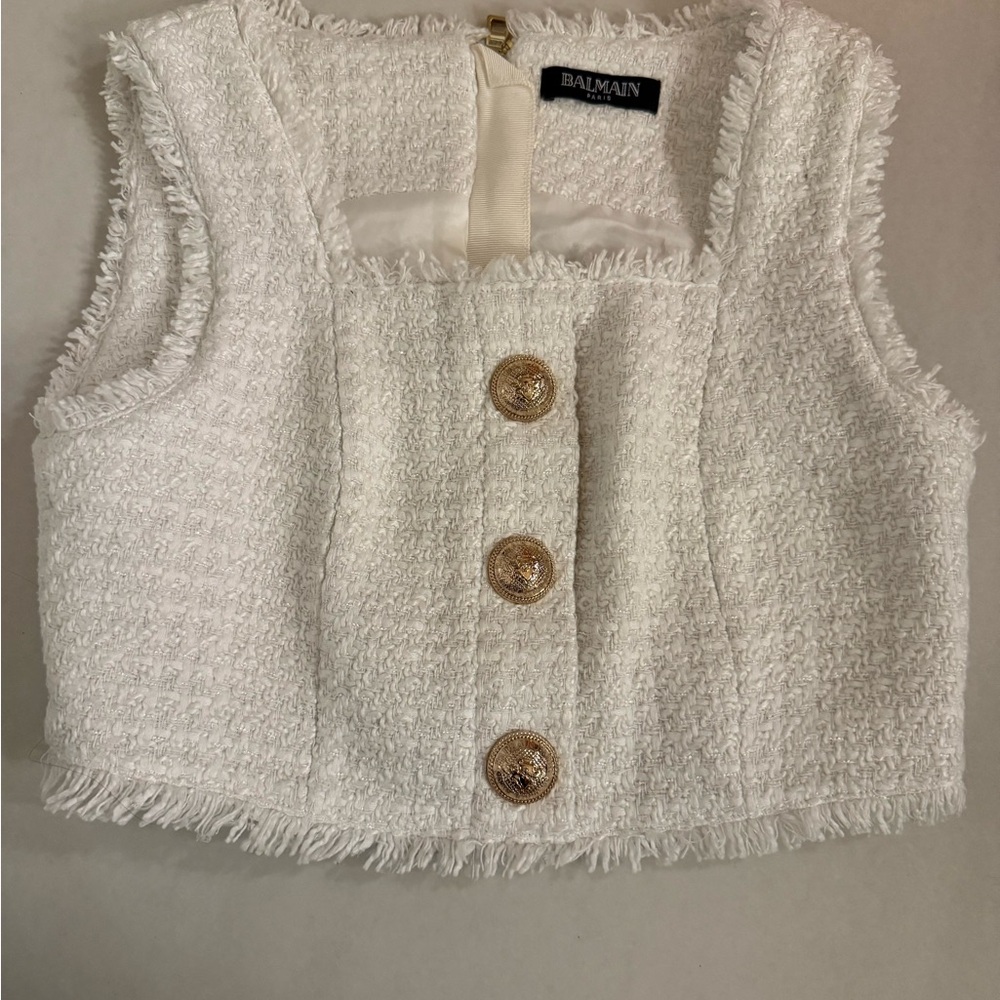Balmain Cream Tweed Crop Top with Gold Accents